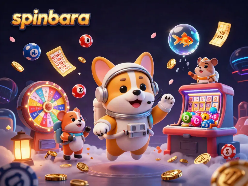 Engage with spinbara's immersive online experience as colorful lottery balls and gaming elements float in zero gravity.