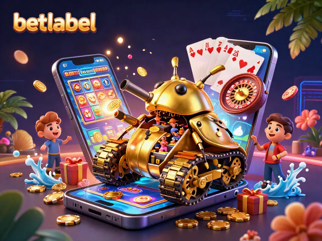 Experience the excitement of betlabel in this vibrant 3D casino illustration showcasing a golden beetle tank.