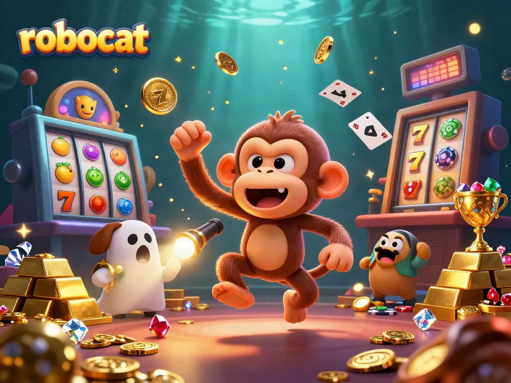 Experience robocat action in a vibrant casino scene with playful characters and rich gambling elements.