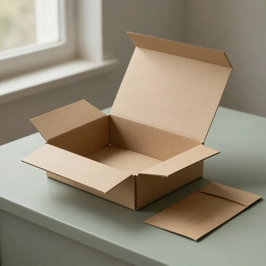 Caja kraft premium desplegada con insertos y funda sobre pedestal, luz suave y ambiente húmedo.