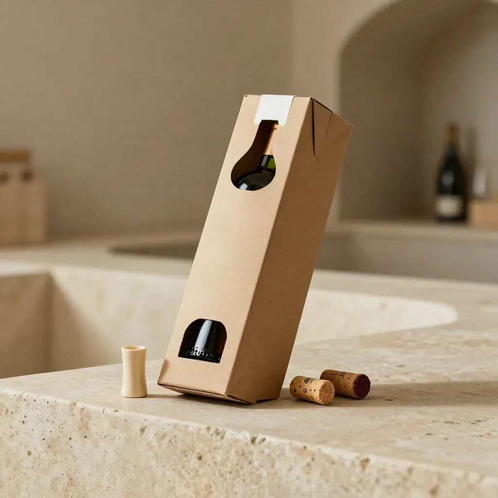 Caja plegable para vino abierta junto a funda y envoltorio de corcho en luz cálida.