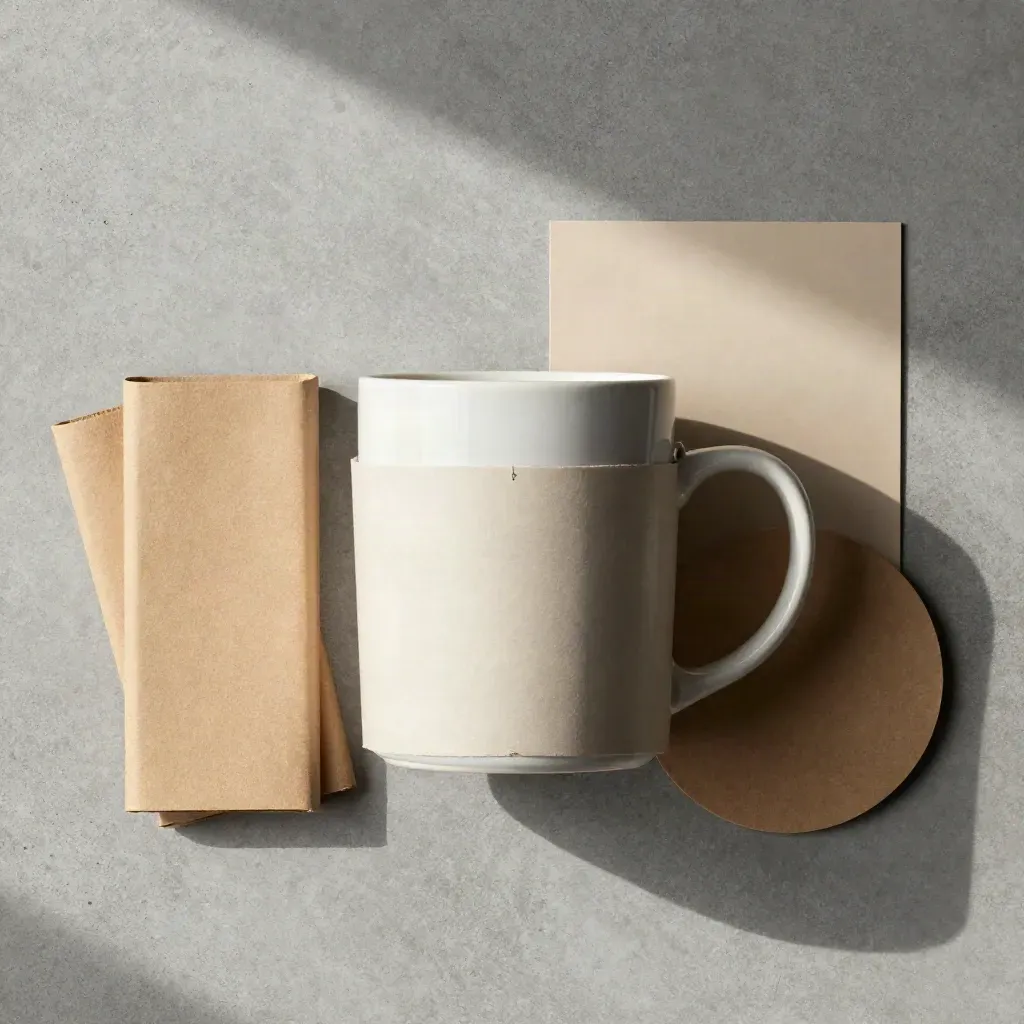 Vista cenital de una funda para taza con dos repuestos y disco kraft sobre hormigón.