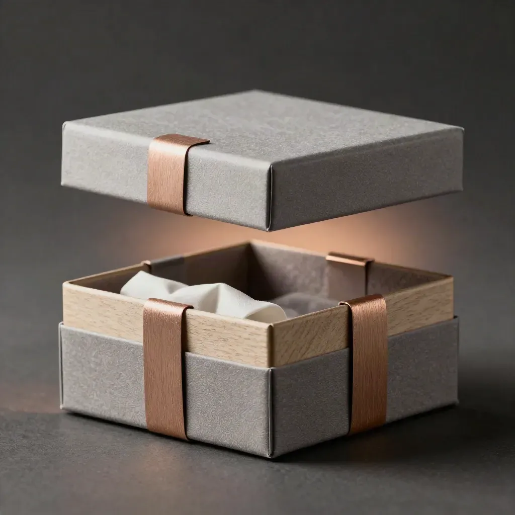 Caja rígida premium medio abierta, con inserto de terciopelo y papel seda, en macro oscuro.