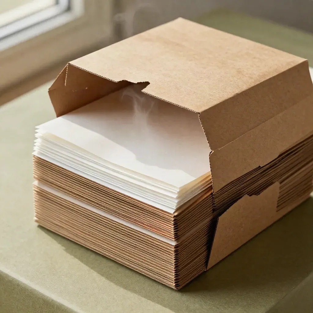 Cajas de comida para delivery apiladas, una abierta, sobre fondo kraft con vapor suave.