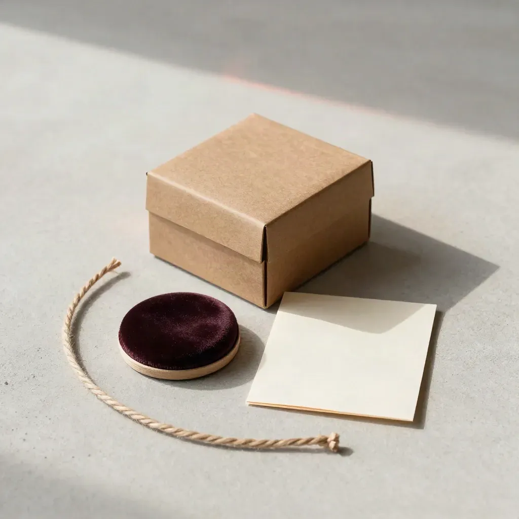 Caja kraft de joyería con cojín para anillo, inserto y cordel sobre concreto claro.