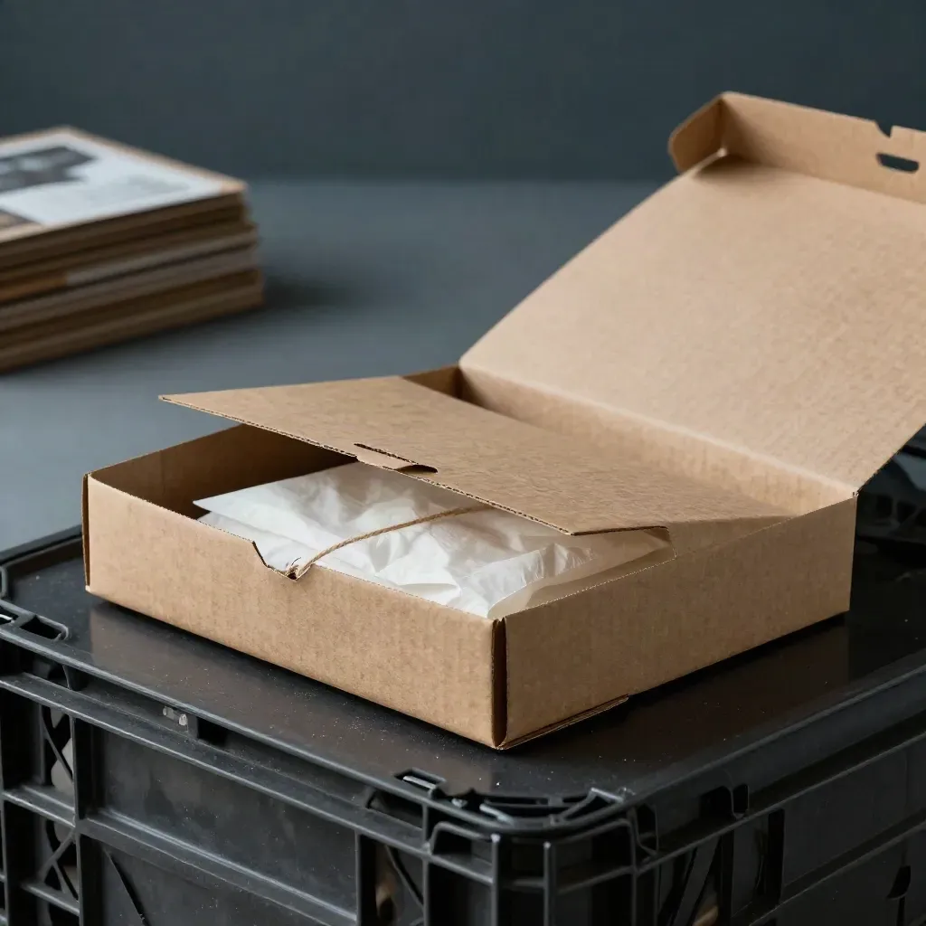 Mailer corrugado abierto con inserto, papel tissue y cuerda sobre superficie negra oscura.