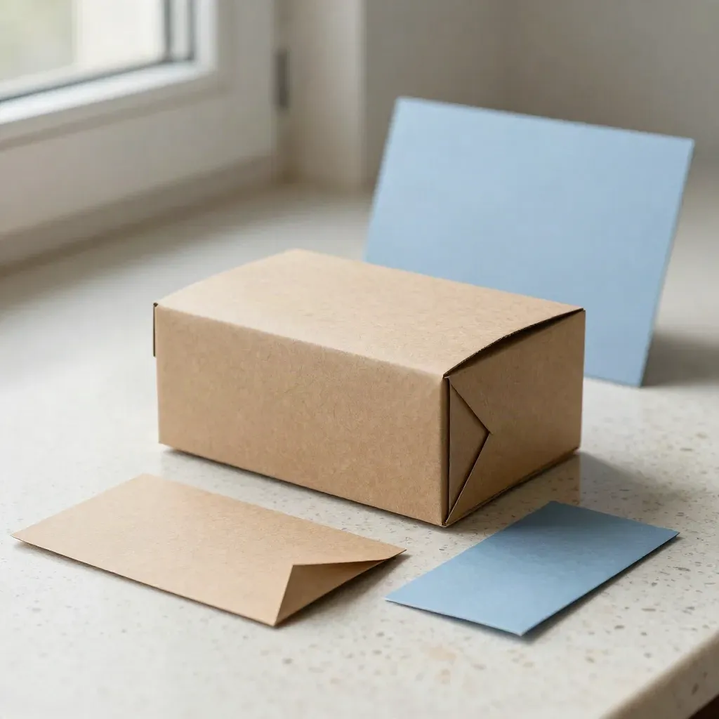 Caja postal kraft S con troquel y papel seda sobre travertino, estilo premium.