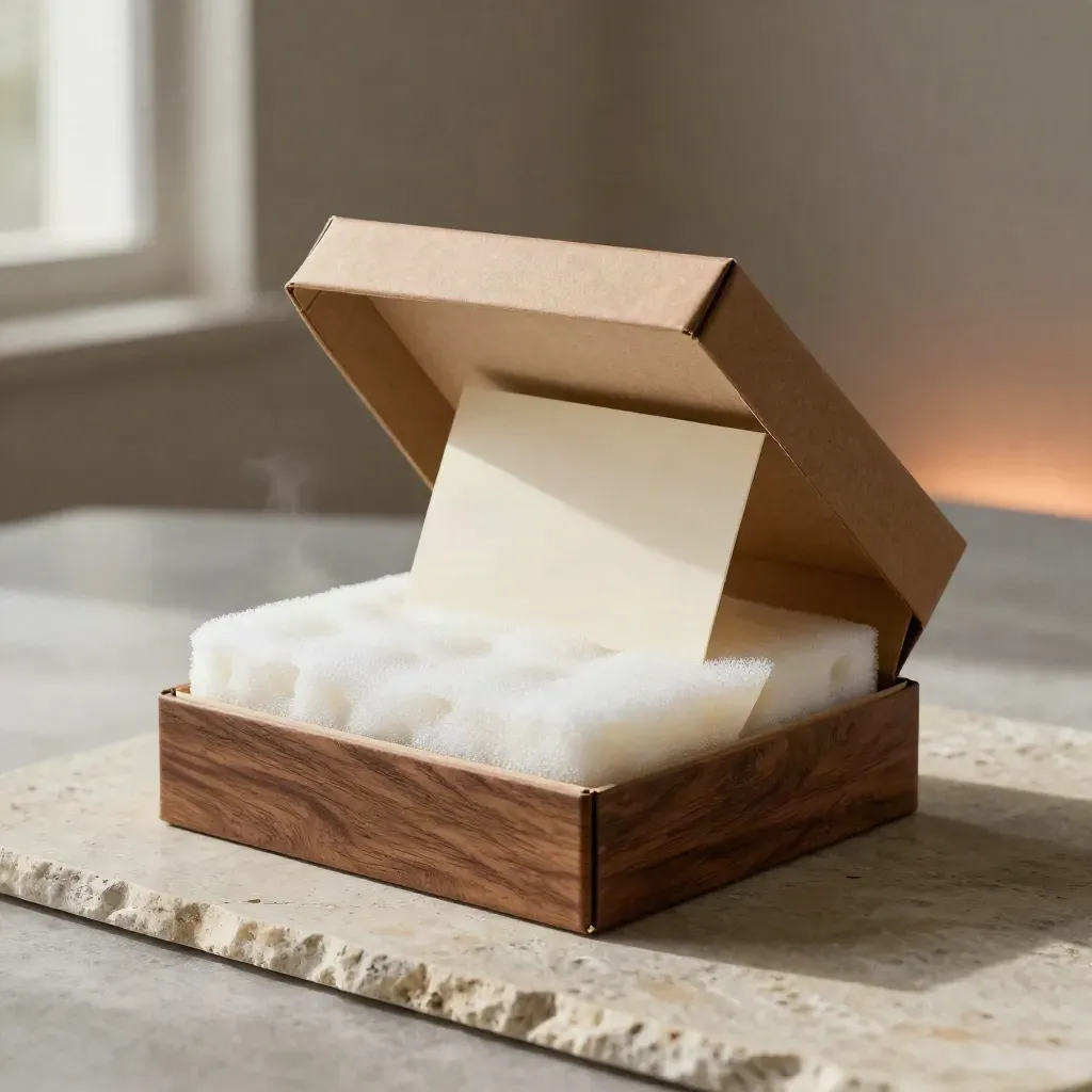 Caja rígida kraft abierta sobre piedra, con cuna de espuma y papel tissue, en luz suave de estudio.