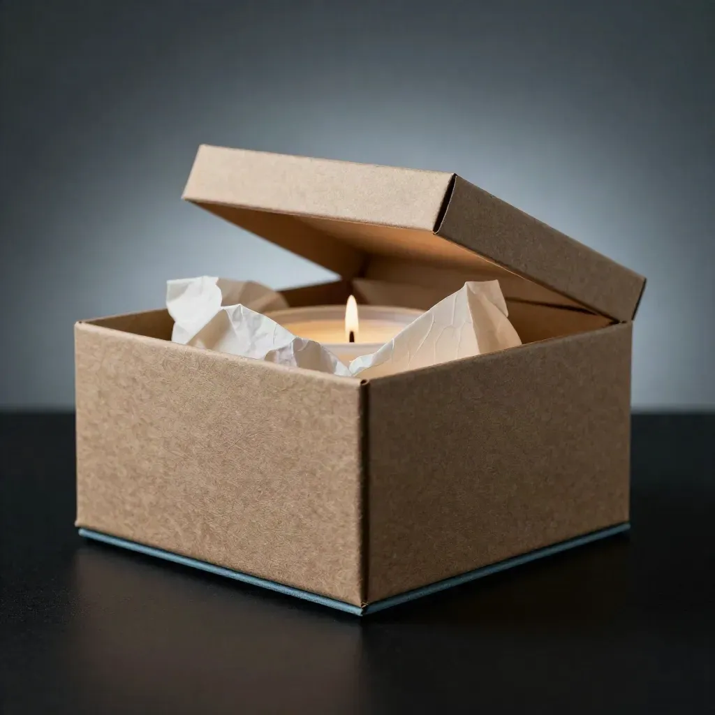Caja de velas kraft abierta con papel de seda y una vela asomando sobre un pedestal oscuro.