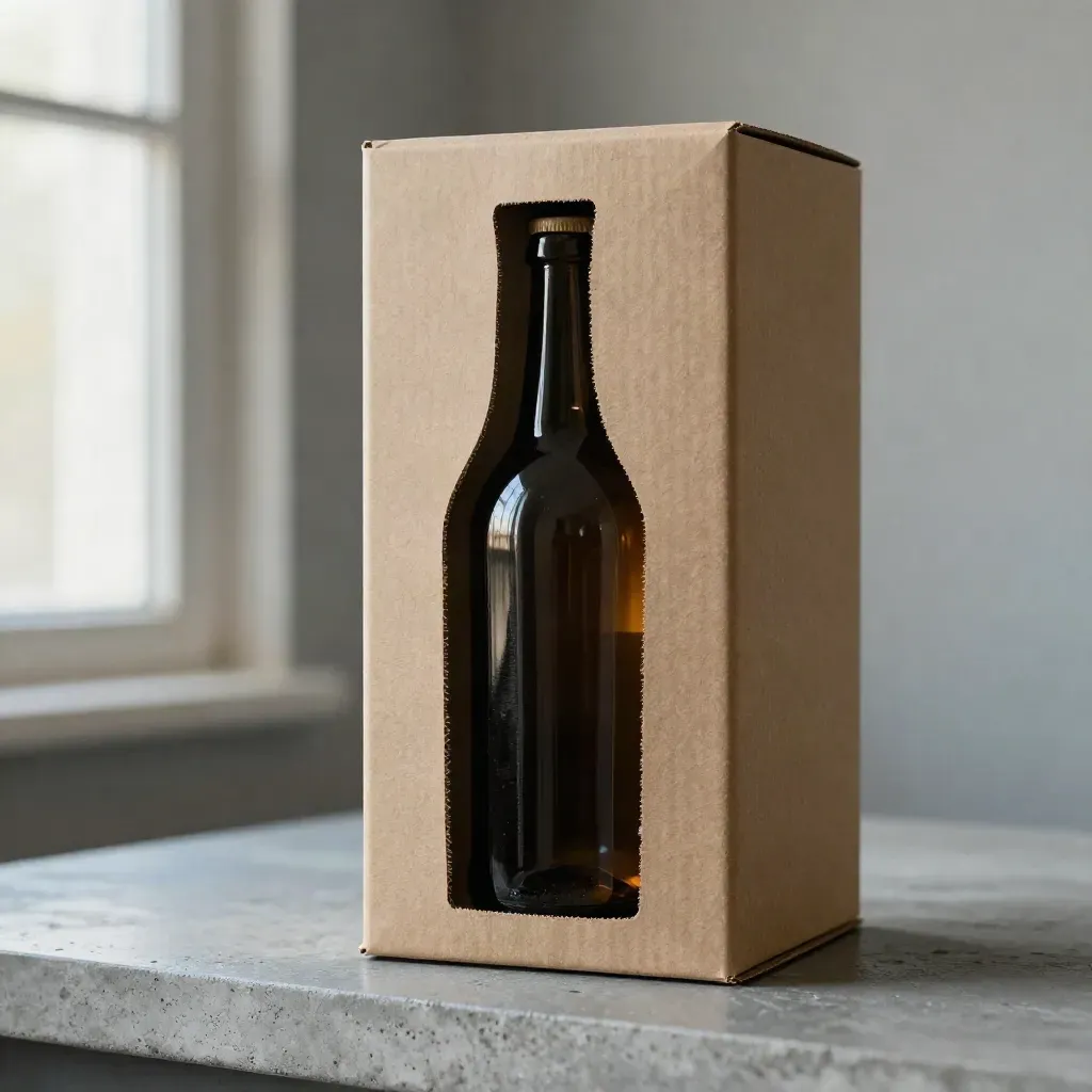 Caja de cartón para botellas con inserto y cuello asomando en luz fría.