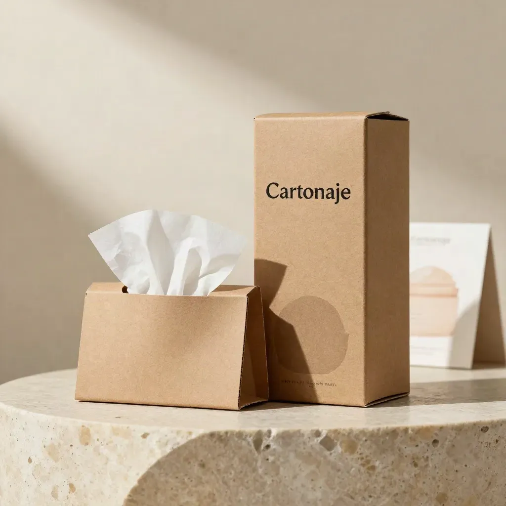Caja y funda para cosmética en kraft, con papel tisú y tarro crema, sobre pedestal claro.