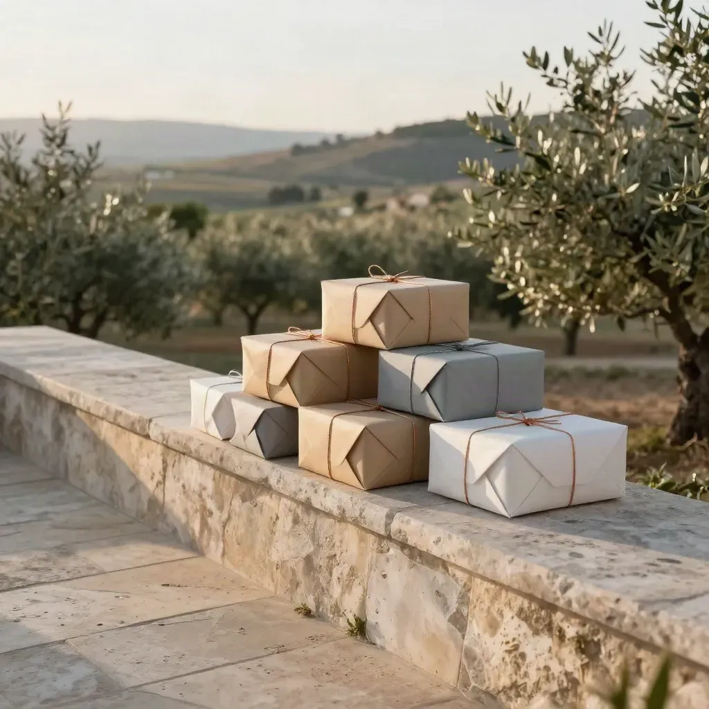 Terraza de piedra al atardecer con cajas kraft y paquetes de papel sobre un olivar